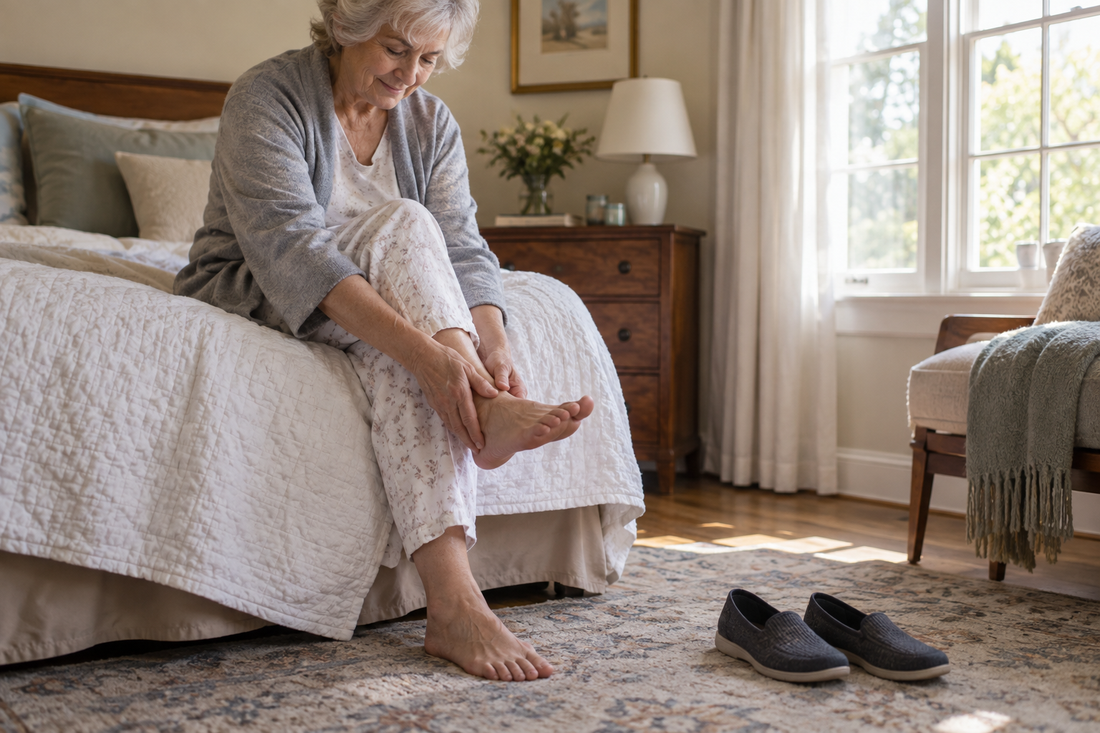 An older woman in her 70s sitting on the edge of her bed in the morning, gently rubbing one bare foot with both hands, a pair of plain dark knit slip-on shoes on the floor beside her