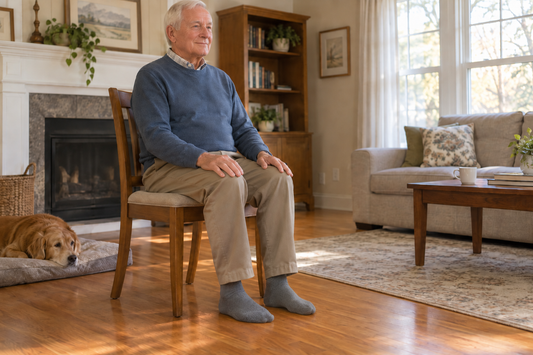 Senior adult seated in a chair, wearing socks, practicing a toe-spread exercise with feet resting on the floor.