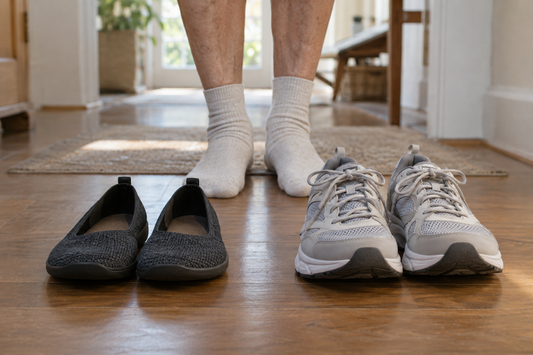 Older adult standing in socks near two contrasting shoe styles set on the floor, representing the choice between flat flexible and stable supportive footwear.