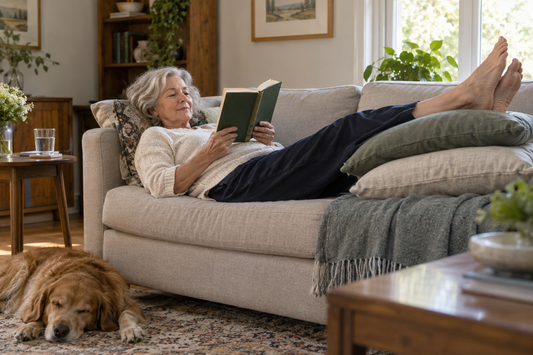 Older woman lying on a sofa with her legs elevated on two pillows above heart level, reading a book, glass of water on side table, calm living room