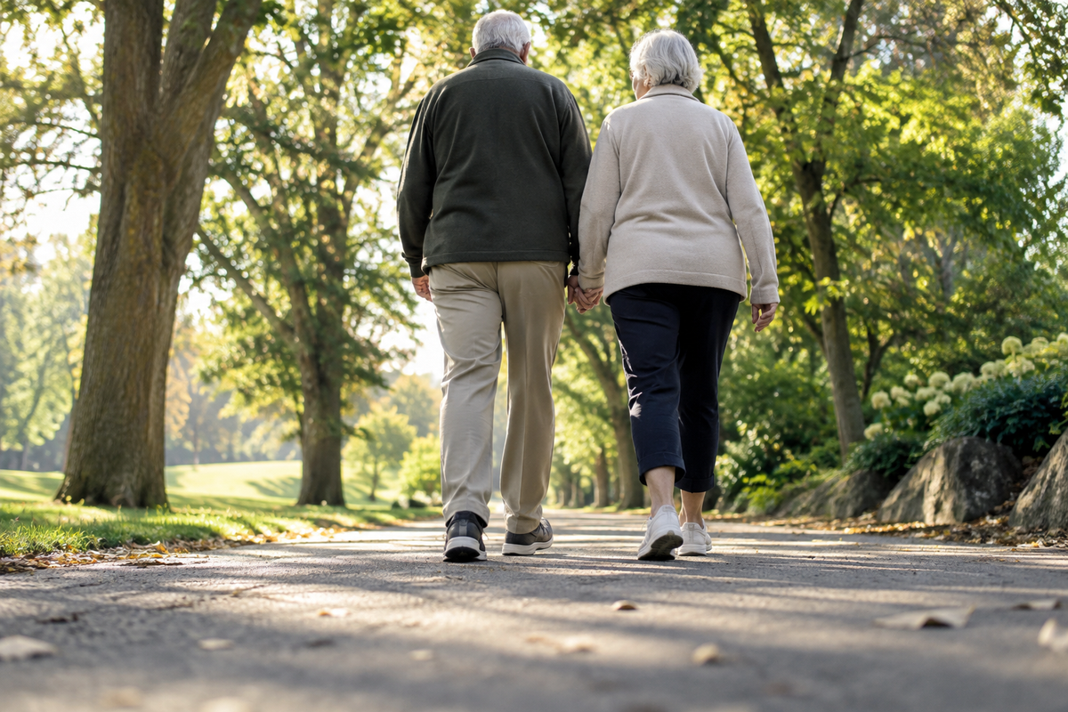 An older couple in their 70s walking together on a tree-lined park path in the morning, seen from behind at low angle focusing on their walking shoes and stride