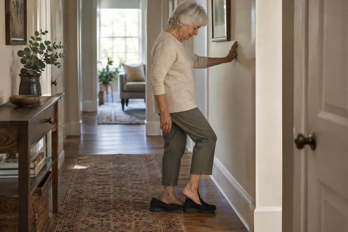 Senior woman sliding her foot into a knit stretch slip-on shoe without bending over