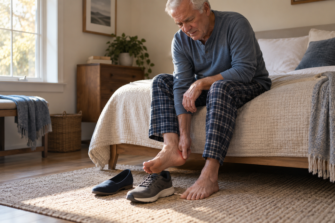 An older adult sitting on the edge of a bed in the morning, reaching down toward their heel, with a pair of flat slip-on shoes and a pair of supportive cushioned shoes set side by side on the floor