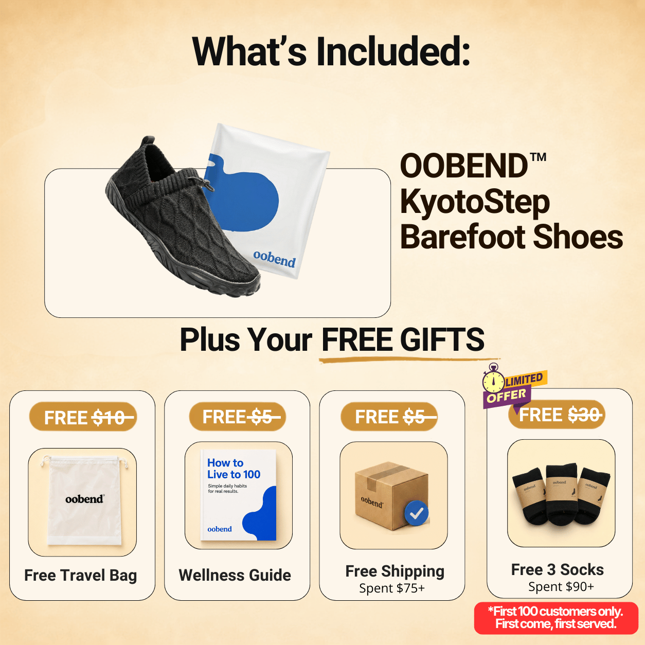 Promotional graphic for Oobend KyotoStep Barefoot Shoes showing a black knit slip-on shoe and a branded shoe bag under the heading 'What's Included:', plus four free gift items labeled Free $10+, Free $5-, Free $6-, and Free $30+ on a beige background.
