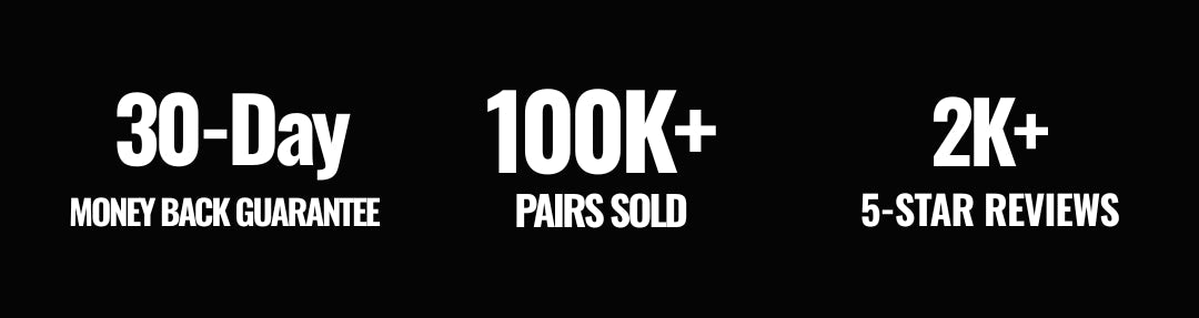 Promotional text on a black background indicating a 30-day money-back guarantee, 100,000 pairs sold, and 2,000+ five-star reviews.